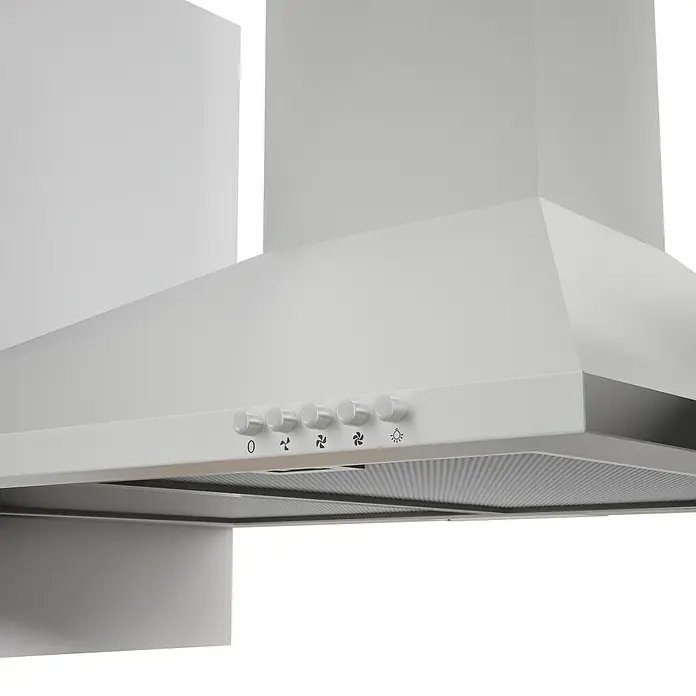 Respekta Küchenzeile Malia - Breite: 270 cm, Schwarz, Mit Elektrogeräten, Dekor Arbeitsplatte: Holzoptik, Volumen Backofen: 58 l - Nahaufnahme einer weißen Dunstabzugshaube mit Bedienknöpfen und einem Metallfilter.