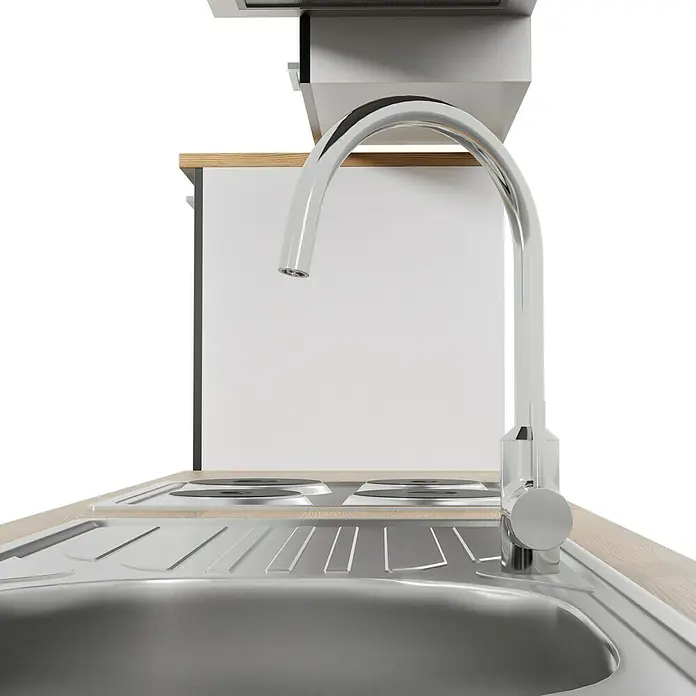 Respekta Küchenzeile Malia - Breite: 280 cm, Schwarz, Mit Elektrogeräten, Dekor Arbeitsplatte: Holzoptik, Volumen Backofen: 58 l - Edelstahlspüle mit Armatur und Kochfeld, perfekte Ausstattung für eine moderne Küche. Das schlichte Design fügt sich nahtlos ein.
