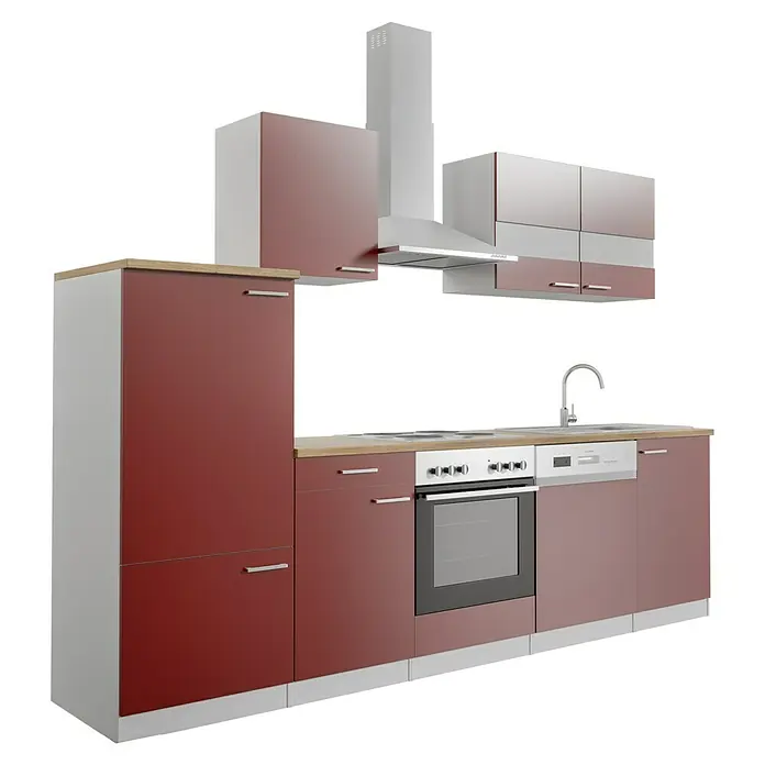 Respekta Küchenzeile Malia - Breite: 280 cm, Rot, Mit Elektrogeräten, Dekor Arbeitsplatte: Holzoptik, Volumen Backofen: 58 l - Eine moderne Küchenzeile in Rot und Weiß mit Geräten. Die Küchenzeile verfügt über einen Herd, eine Spüle und Stauraum für Küchenutensilien.