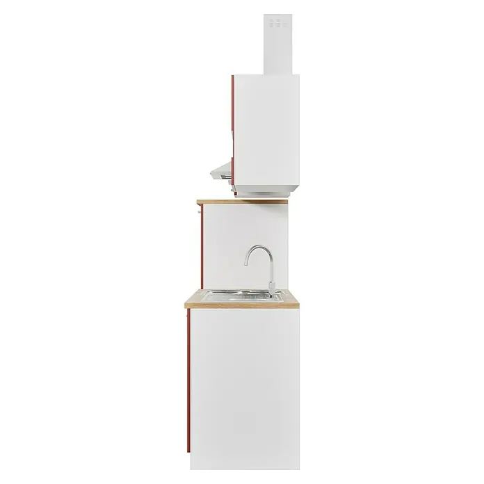 Respekta Küchenzeile Malia - Breite: 270 cm, Rot, Mit Elektrogeräten, Dekor Arbeitsplatte: Holzoptik, Volumen Backofen: 58 l - Küchenzeile mit Spüle und Armatur, Holzplatte und weißen Schränken mit roten Kanten für eine moderne Küchengestaltung.