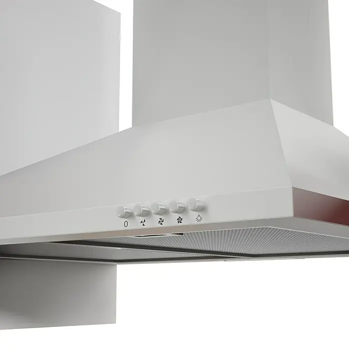 Respekta Küchenzeile Malia - Breite: 270 cm, Rot, Mit Elektrogeräten, Dekor Arbeitsplatte: Holzoptik, Volumen Backofen: 58 l - Nahaufnahme einer weißen Dunstabzugshaube mit Bedienknöpfen zur Steuerung von Lüfterstufen und Beleuchtung.