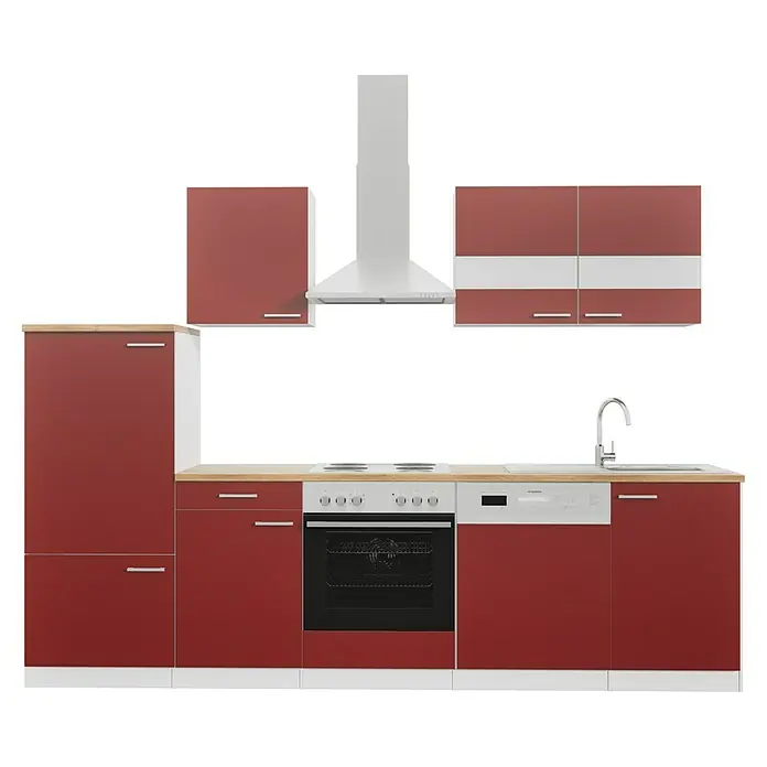 Respekta Küchenzeile Malia - Breite: 280 cm, Rot, Mit Elektrogeräten, Dekor Arbeitsplatte: Holzoptik, Volumen Backofen: 58 l - Rote Küche mit Spüle, Herd, Ofen, Dunstabzugshaube und Schränken.