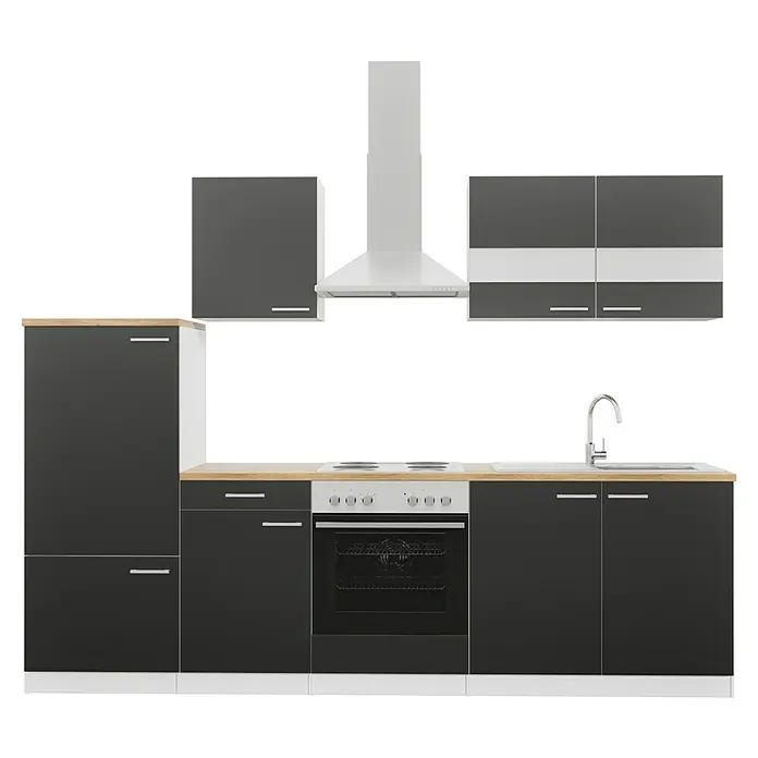Respekta Küchenzeile Malia - Breite: 270 cm, Schwarz, Mit Elektrogeräten, Dekor Arbeitsplatte: Holzoptik, Volumen Backofen: 58 l - Moderne Küche mit schwarzen Schränken, Holzarbeitsplatte und weißer Dunstabzugshaube. Funktionalität und Stil vereinen sich hier.