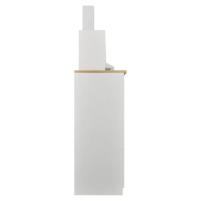 Respekta Küchenzeile Malia - Breite: 280 cm, Weiß, Mit Elektrogeräten, Dekor Arbeitsplatte: Holzoptik, Volumen Backofen: 58 l - Elegantes, weißes Küchendesign mit Dunstabzugshaube und Arbeitsplatte in Holzoptik. Die moderne Gestaltung fügt sich nahtlos in jede Küche ein.
