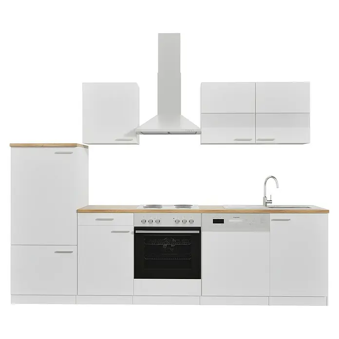 Respekta Küchenzeile Malia - Breite: 280 cm, Weiß, Mit Elektrogeräten, Dekor Arbeitsplatte: Holzoptik, Volumen Backofen: 58 l - Eine moderne, weiße Küchenzeile mit eingebauten Geräten und einer hölzernen Arbeitsplatte für ein stilvolles Kocherlebnis.