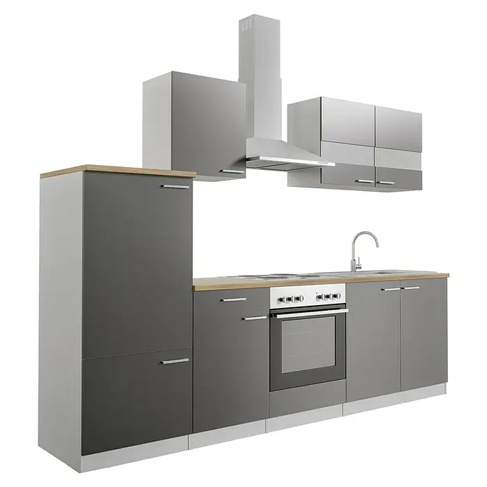 Respekta Küchenzeile Malia - Breite: 270 cm, Grau, Mit Elektrogeräten, Dekor Arbeitsplatte: Holzoptik, Volumen Backofen: 58 l - Elegante graue Küchenzeile mit Holzplatte, Dunstabzugshaube und Einbaubackofen für eine moderne Küchenausstattung.