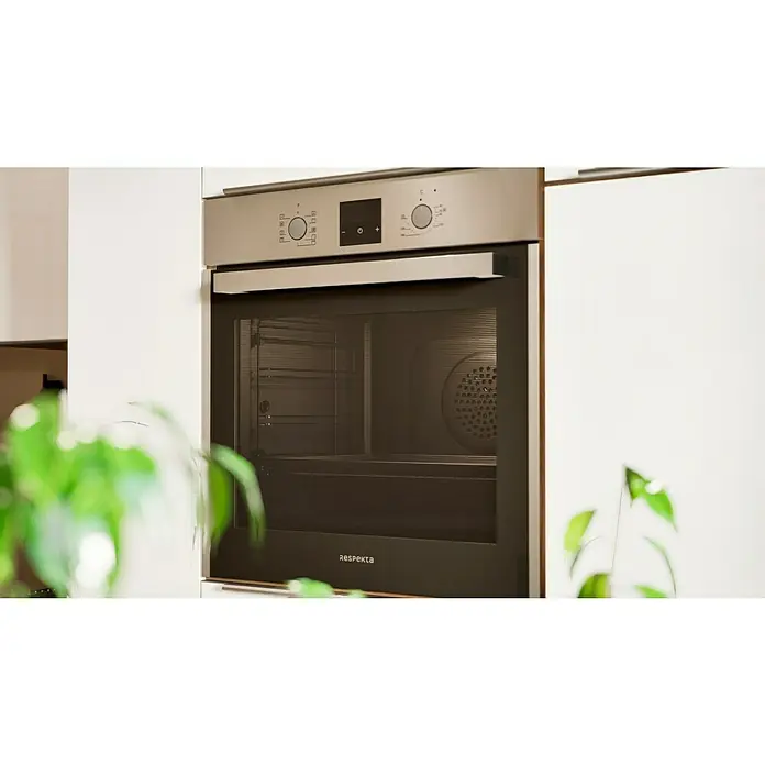 BAUHAUS Küchenzeile Sandra - Breite: 370 cm, Weiß, Farbe Korpus: Artisan Eiche, Mit Elektrogeräten - Nahaufnahme eines modernen Respekta-Backofens aus Edelstahl, eingebaut in eine weiße Küchenzeile.