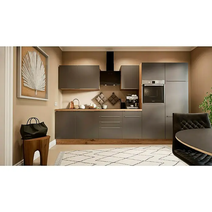 BAUHAUS Küchenzeile Sandra - Breite: 340 cm, Grau, Farbe Korpus: Artisan Eiche, Mit Elektrogeräten - Stilvolle Küche mit grauen Schränken, Holzakzenten und modernen Geräten für einen eleganten Look. Einladend und funktional gestaltet.