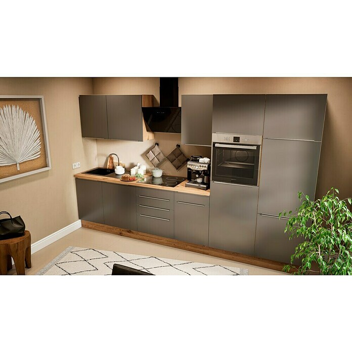 BAUHAUS Composición de cocina Marleen (Ancho: 340 cm, Gris, Color del cuerpo: Marrón, Con electrodomésticos) | BAUHAUS