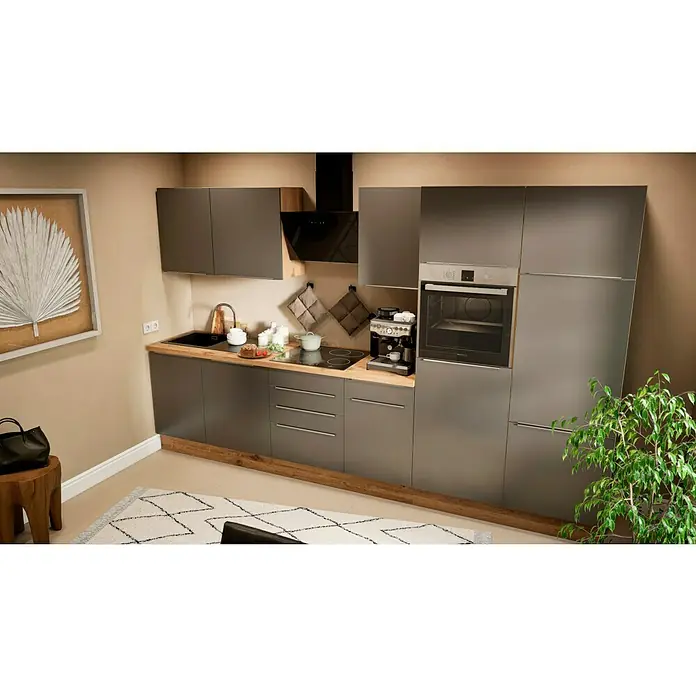 BAUHAUS Küchenzeile Sandra - Breite: 340 cm, Grau, Farbe Korpus: Artisan Eiche, Mit Elektrogeräten - Die moderne Küche in Grau verfügt über eine elegante Arbeitsplatte, eine integrierte Kaffeemaschine und einen Backofen für kulinarische Erlebnisse.