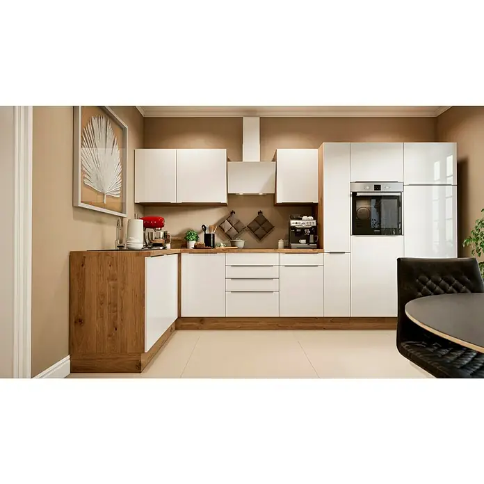 BAUHAUS Winkelküche Sandra - B x T: 370 x 170 cm, Weiß, Matt, Farbe Korpus: Artisan Eiche, Mit Elektrogeräten - Elegante Küche mit weißen Schränken, Holzdetails und modernen Geräten. Perfekt für kulinarische Erlebnisse und stilvolles Wohnen.