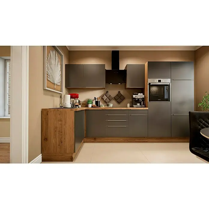 BAUHAUS Winkelküche Sandra - B x T: 340 x 170 cm, Grau, Matt, Farbe Korpus: Artisan Eiche, Mit Elektrogeräten - Moderne Küche mit grauen Schränken, Holzarbeitsplatten und Edelstahlgeräten für einen eleganten und funktionalen Raum.