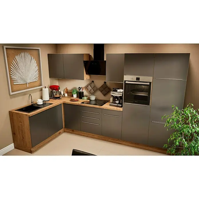BAUHAUS Winkelküche Sandra - B x T: 340 x 170 cm, Grau, Matt, Farbe Korpus: Artisan Eiche, Mit Elektrogeräten - Moderne Küche mit grauen Schränken und Holzarbeitsplatten, die eine elegante und funktionale Atmosphäre schaffen. Integrierter Ofen und Kochfeld.