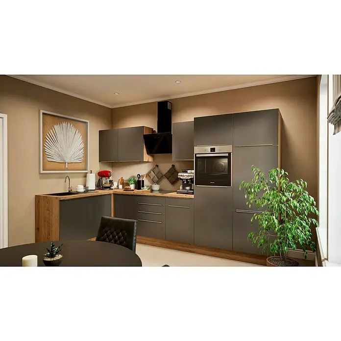 BAUHAUS Winkelküche Sandra - B x T: 340 x 170 cm, Grau, Matt, Farbe Korpus: Artisan Eiche, Mit Elektrogeräten - Helle und moderne Küche mit grauen Schränken, Holzakzenten und einer Vielzahl von Geräten. Die ideale Kücheneinrichtung für ein stilvolles Zuhause.
