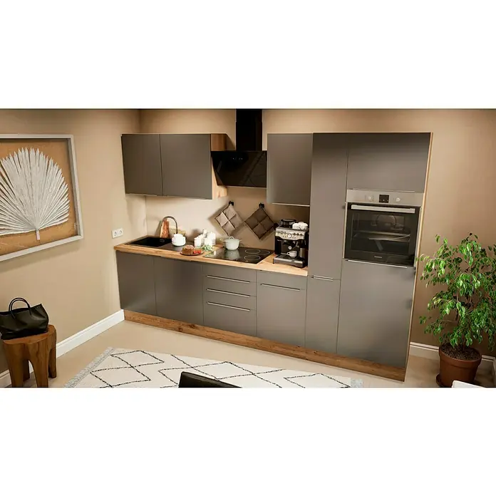 BAUHAUS Küchenzeile Sandra - Breite: 310 cm, Grau, Farbe Korpus: Artisan Eiche, Mit Elektrogeräten - Moderne Küchenzeile in Grau mit integriertem Backofen, Kochfeld und stilvoller Dunstabzugshaube.