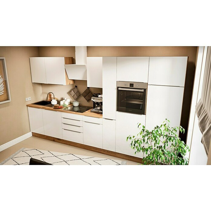 BAUHAUS Composición de cocina Marleen (Ancho: 370 cm, Blanco, Color del cuerpo: Marrón, Con electrodomésticos) | BAUHAUS