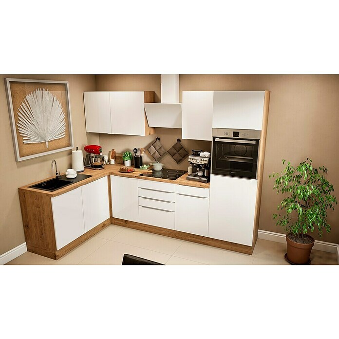 BAUHAUS Cocina esquinera Marleen (An x Pr: 280 x 170 cm, Blanco, Mate, Color del cuerpo: Marrón, Con electrodomésticos) | BAUHAUS
