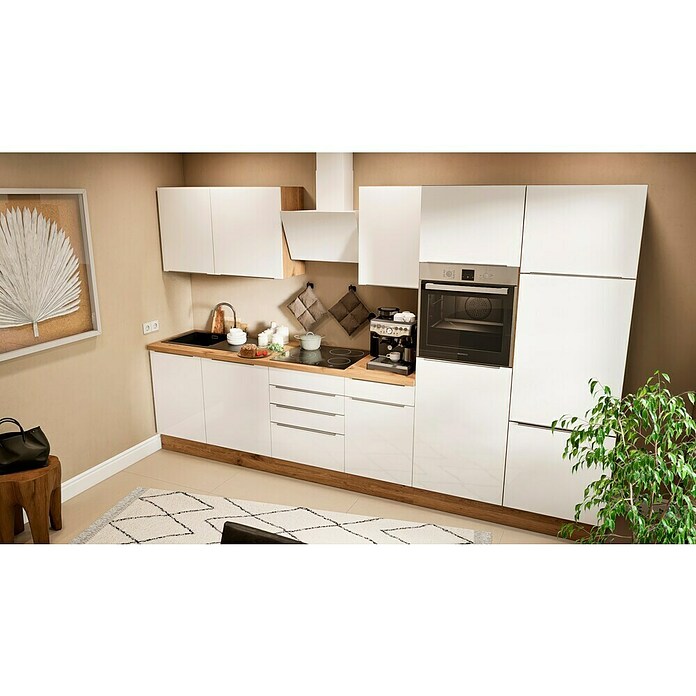 BAUHAUS Composición de cocina Marleen (Ancho: 340 cm, Blanco, Color del cuerpo: Marrón, Con electrodomésticos) | BAUHAUS
