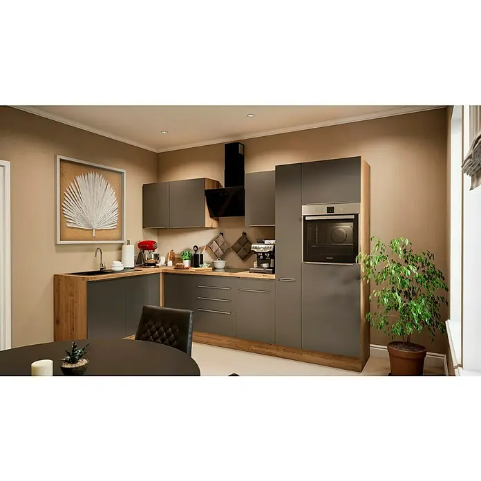 BAUHAUS Winkelküche Sandra - B x T: 310 x 170 cm, Grau, Matt, Farbe Korpus: Artisan Eiche, Mit Elektrogeräten - Die moderne Küche in Grau mit Holzelementen verfügt über einen eingebauten Ofen, eine Dunstabzugshaube und einen Esstisch.