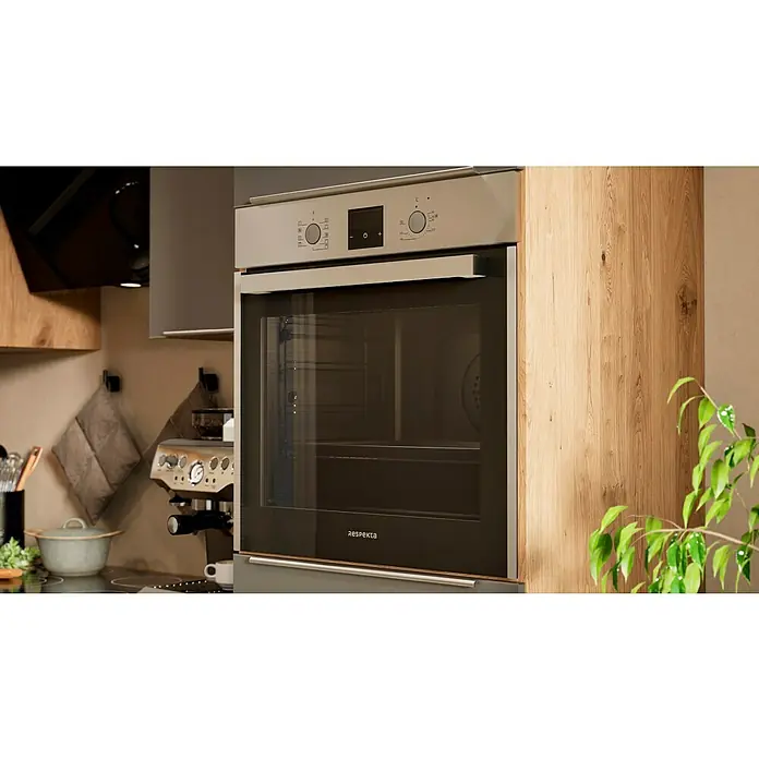 BAUHAUS Winkelküche Sandra - B x T: 280 x 170 cm, Grau, Matt, Farbe Korpus: Artisan Eiche, Mit Elektrogeräten - Einbau-Backofen der Marke Respekta in einer modernen Küche. Das Gerät ist stilvoll in das Küchendesign integriert und bereit für kulinarische Höchstleistungen.