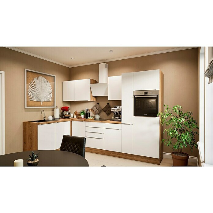 BAUHAUS Cocina esquinera Marleen (An x Pr: 310 x 170 cm, Blanco, Mate, Color del cuerpo: Marrón, Con electrodomésticos) | BAUHAUS