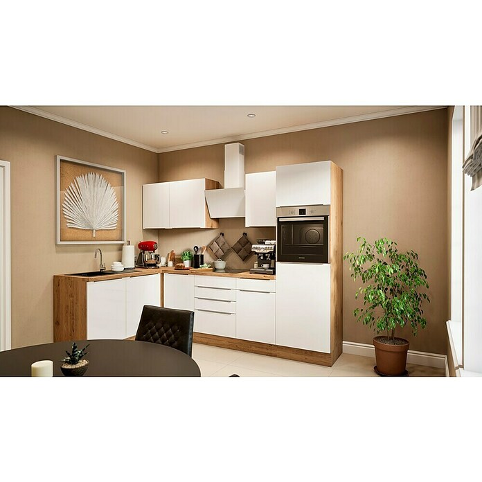 BAUHAUS Cocina esquinera Marleen (An x Pr: 280 x 170 cm, Blanco, Mate, Color del cuerpo: Marrón, Con electrodomésticos) | BAUHAUS