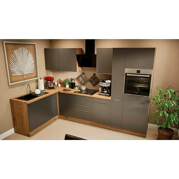 BAUHAUS Winkelküche Sandra - B x T: 310 x 170 cm, Grau, Matt, Farbe Korpus: Artisan Eiche, Mit Elektrogeräten - Moderne Küche in Grau und Holzoptik mit Elektrogeräten und Dekorationen, die ein elegantes und funktionales Design präsentiert.