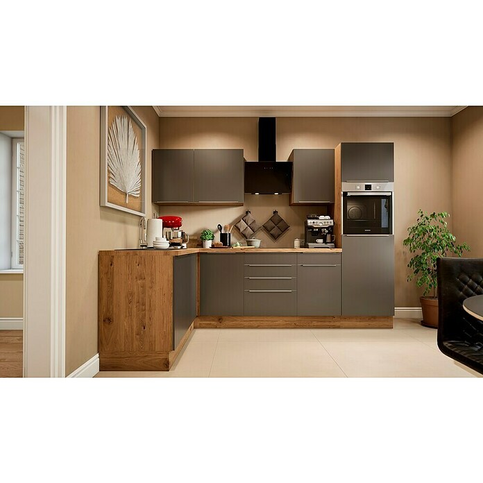 BAUHAUS Cocina esquinera Marleen (An x Pr: 280 x 170 cm, Gris, Mate, Color del cuerpo: Marrón, Con electrodomésticos) | BAUHAUS