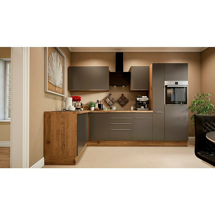 BAUHAUS Cocina esquinera Marleen (An x Pr: 310 x 170 cm, Gris, Mate, Color del cuerpo: Marrón, Con electrodomésticos) | BAUHAUS