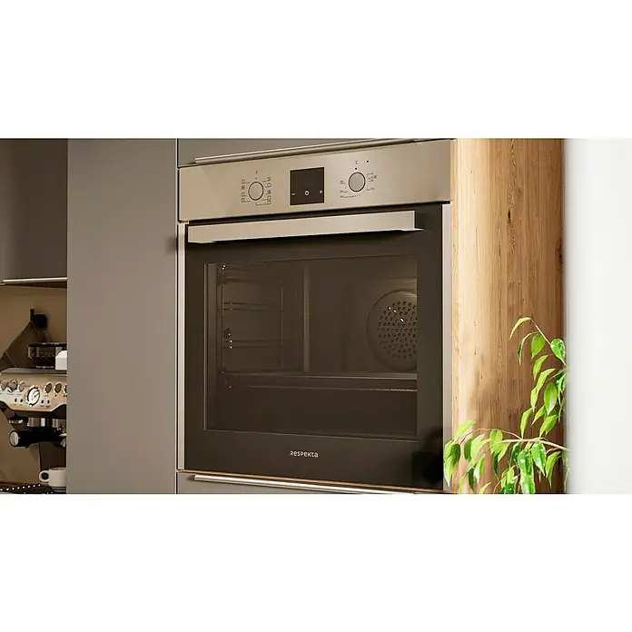 BAUHAUS Küchenzeile Sandra - Breite: 310 cm, Grau, Farbe Korpus: Artisan Eiche, Mit Elektrogeräten - Nahaufnahme eines Respekta-Backofens in einer modernen Küche, eingebettet in graue und holzfarbene Schränke.