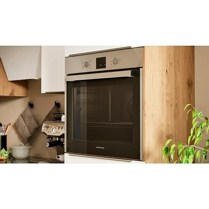 BAUHAUS Winkelküche Sandra - B x T: 280 x 170 cm, Weiß, Matt, Farbe Korpus: Artisan Eiche, Mit Elektrogeräten - Nahaufnahme eines modernen Respekta-Einbaubackofens mit Edelstahlblende und Bedienfeld, eingebaut in eine helle Holzküchenzeile.