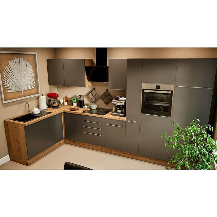 BAUHAUS Cocina esquinera Marleen (An x Pr: 370 x 170 cm, Gris, Mate, Color del cuerpo: Marrón, Con electrodomésticos) | BAUHAUS