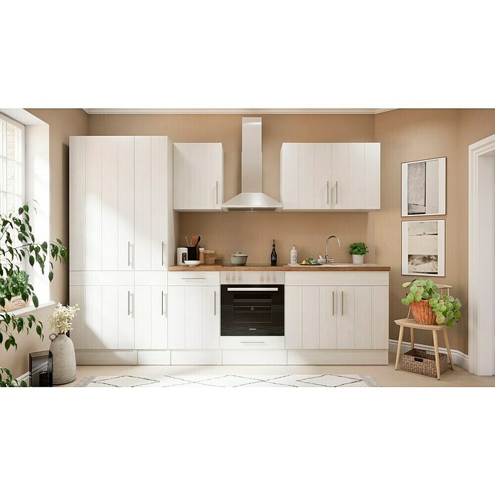 Respekta Premium Composición de cocina (Ancho: 300 cm, Con dispositivos eléctricos, Réplica de alerce blanco)