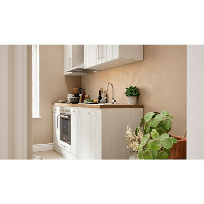 Respekta Premium Composición de cocina (Ancho: 220 cm, Con dispositivos eléctricos, Réplica de alerce blanco)