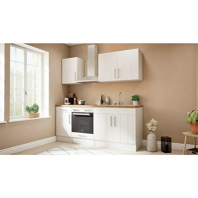 Respekta Premium Composición de cocina (Ancho: 210 cm, Con dispositivos eléctricos, Réplica de alerce blanco)