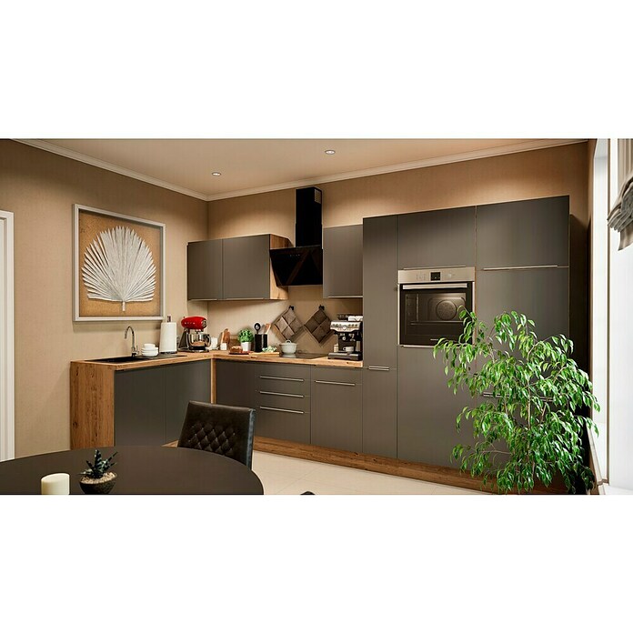 BAUHAUS Cocina esquinera Marleen (An x Pr: 370 x 170 cm, Gris, Mate, Color del cuerpo: Marrón, Con electrodomésticos) | BAUHAUS