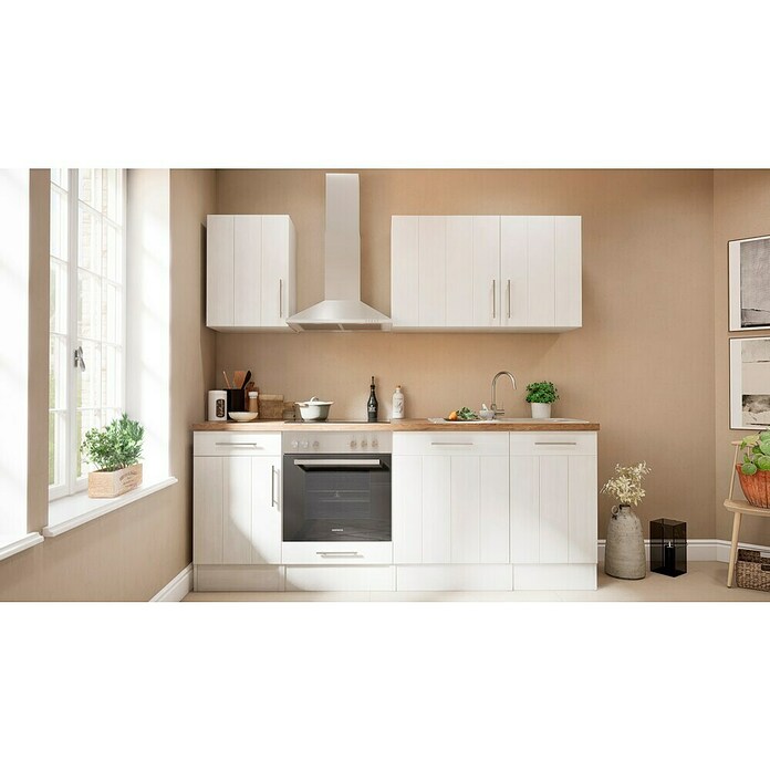 Respekta Premium Composición de cocina (Ancho: 220 cm, Con dispositivos eléctricos, Réplica de alerce blanco)