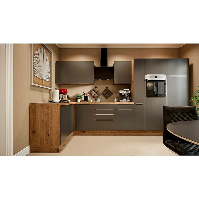 BAUHAUS Cocina esquinera Marleen (An x Pr: 370 x 170 cm, Gris, Mate, Color del cuerpo: Marrón, Con electrodomésticos) | BAUHAUS