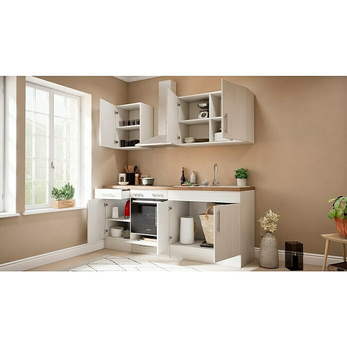 Respekta Premium Composición de cocina (Ancho: 210 cm, Con dispositivos eléctricos, Réplica de alerce blanco)