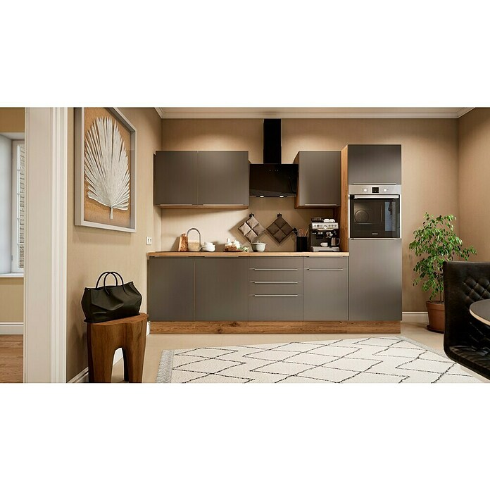 BAUHAUS Composición de cocina Marleen (Ancho: 280 cm, Gris, Color del cuerpo: Marrón, Con electrodomésticos) | BAUHAUS