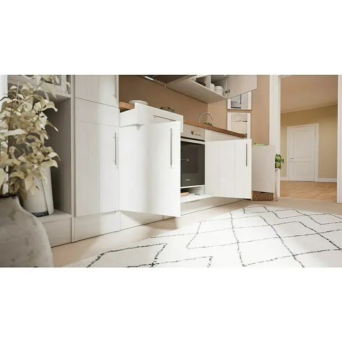 Respekta Premium Küchenzeile Anton - Breite: 300 cm, Weiß, Mit Elektrogeräten - Eine moderne Küche mit weißen Schränken und einem stilvollen Teppich. Der Raum wirkt hell und einladend, perfekt für kulinarische Erlebnisse.
