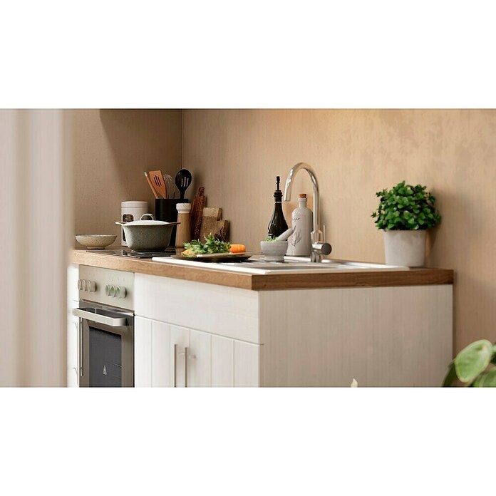 Respekta Premium Composición de cocina (Ancho: 210 cm, Con dispositivos eléctricos, Réplica de alerce blanco)