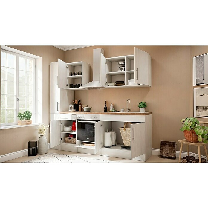 Respekta Premium Composición de cocina (Ancho: 240 cm, Con dispositivos eléctricos, Réplica de alerce blanco)