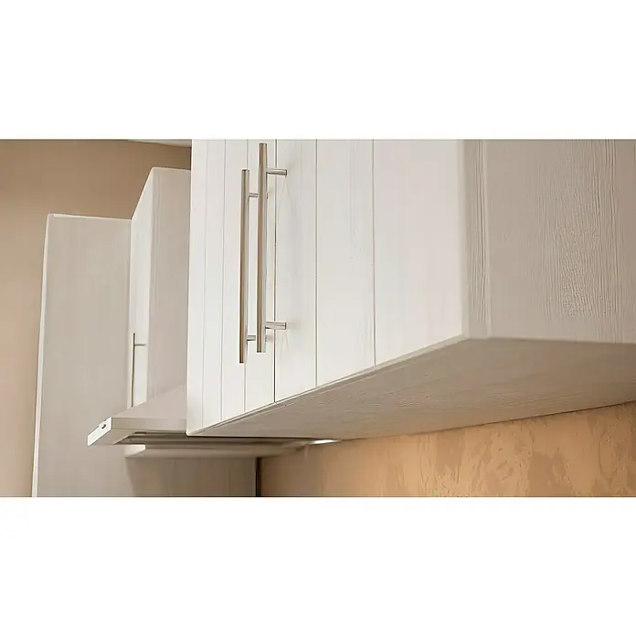 Respekta Premium Küchenzeile Anton - Breite: 280 cm, Weiß, Mit Elektrogeräten - Nahaufnahme von weißen Küchenschränken mit langen, schlanken Griffen aus Edelstahl, die modernes Design und Funktionalität vereinen.
