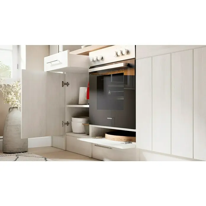 Respekta Premium Küchenzeile Anton - Breite: 250 cm, Weiß, Mit Elektrogeräten - Einbauküche mit weißen Schränken und einem modernen Backofen. Perfekt für stilvolles Kochen und Backen.