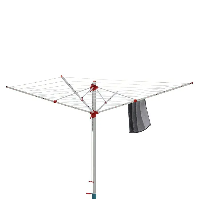 Blome Wäschespinne Polaris - Geeignet für Anzahl Waschmaschinenfüllungen: 5 Stk. - 6 Stk., Länge Wäscheleine: 60 m, Durchmesser offen: 3 m - Wäschespinne mit Handtuch zum Trocknen von Wäsche im Freien. Die Spinne ist weiß mit roten Akzenten.