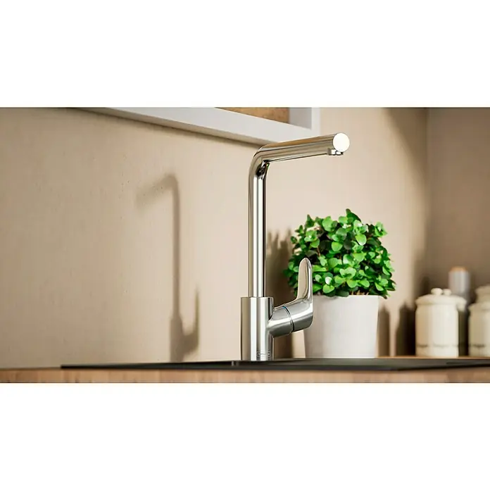 Hansgrohe Grifo de cocina Focus M41 - Caño en L, Cromo, Brillante - Elegante grifo de cocina de acero inoxidable con un diseño moderno. Atractivo en cualquier cocina con líneas claras y acabados de alta calidad.
