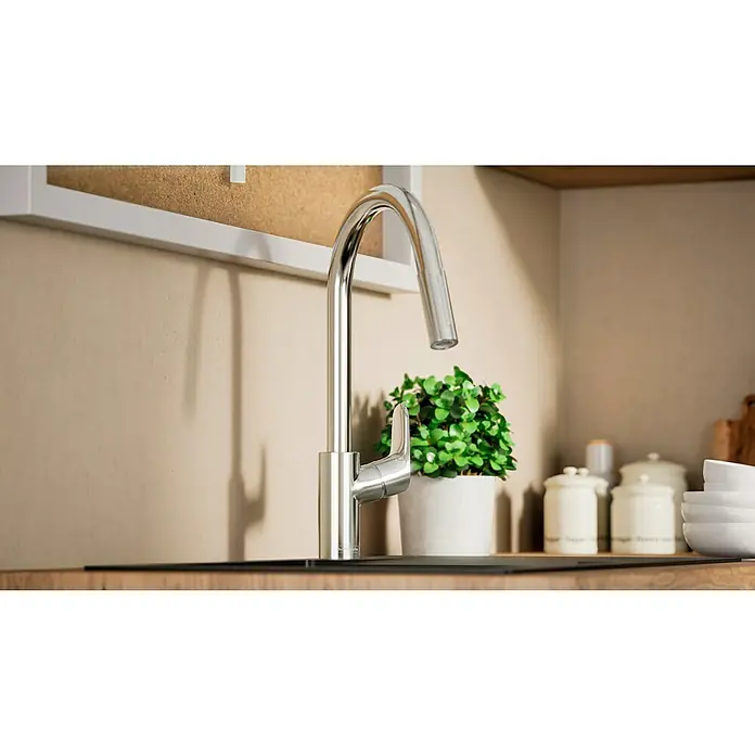 Hansgrohe Grifo de cocina Focus M41 - Cromo, Brillante - Moderno grifo de cocina de acero inoxidable. Diseño elegante con un caño alto para un trabajo cómodo en la cocina.