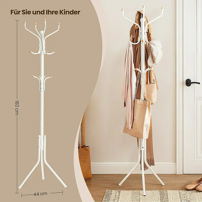 Garderobenständer - B x H: 44 x 182 cm, Anzahl Haken: 12 Stk., Weiß - Eine weiße Garderobenständer mit Holzknöpfen, ideal für Jacken, Hüte und Taschen. Perfekt für den Flur und das Kinderzimmer.