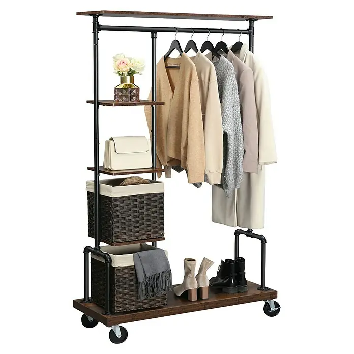 Kleiderwagen - L x B x H: 40 x 103,5 x 174 cm, Braun/Schwarz - Garderobenständer mit Rollen, Regalen und Körben für Kleidung, Schuhe und Accessoires. Praktische Aufbewahrungslösung für das Schlafzimmer.